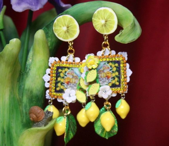 SOLD! 2708 Sicilian Tile Taormina Print Lemon Fruit Studs Earrings