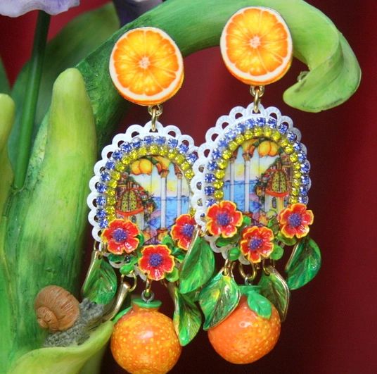 SOLD! 2710 Sicilian Tile Print Orange Fruit Butterfly Studs Earrings
