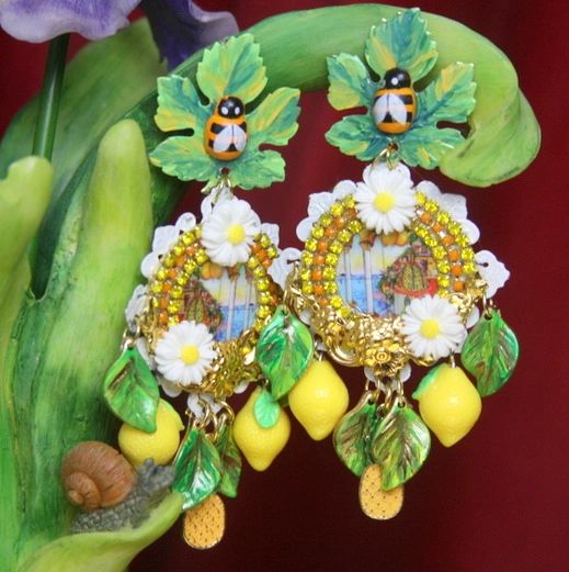 SOLD! 2711 Sicilian Tile Taormina Print Lemon Fruit Bee Daisy Studs Earrings
