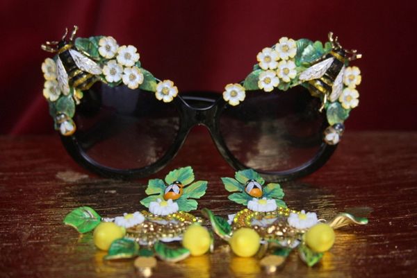 SOLD! 2713 Designer Inspired Baroque Embellished Enamel Bee Hand Painted Flower Sunglasses