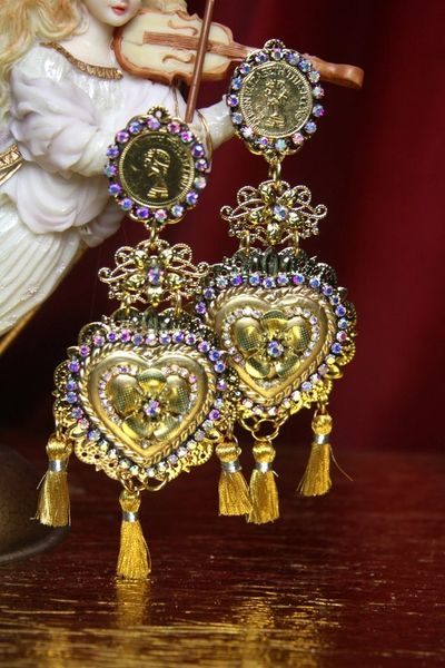 SOLD! 2721 Baroque Heart Crystal Coin Tassel Earrings studs
