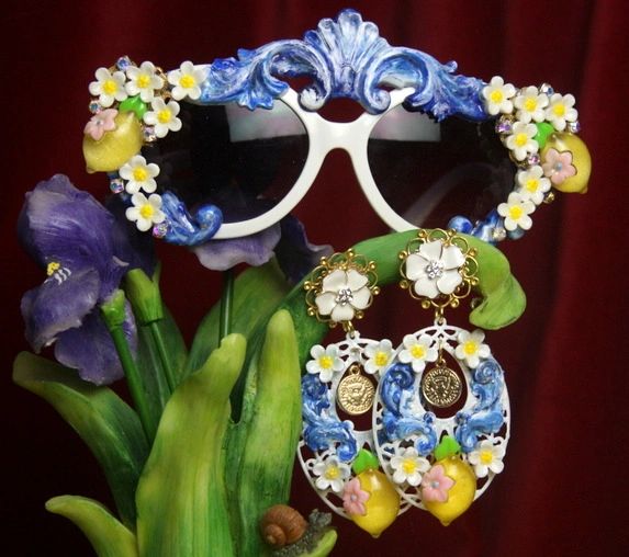 SOLD! 2719 Set Of Sicilian Lemon Fruit Flower Sunglasses+ Earrings