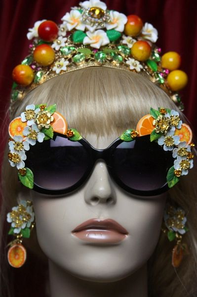 SOLD! 2727 BAroque Orange Fruit Flower Enamel Black Frame Sunglasses
