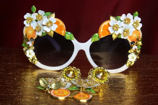 SOLD! 2729 Sided Baroque Orange Fruit Flower Enamel White Frame Sunglasses