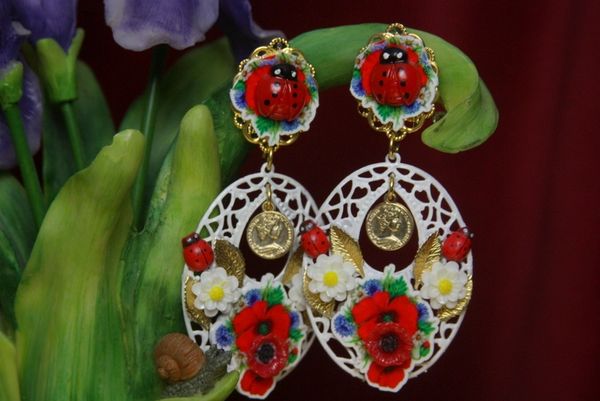 2730 Baroque Coin Ladybug Poppy White Filigree Studs earrings