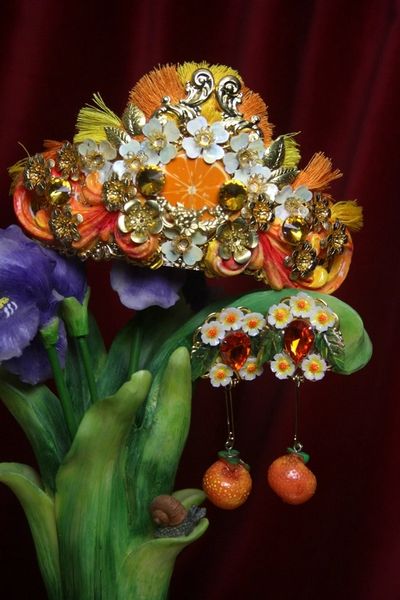 SOLD! 2745 Sicilian Baroque Orange Fruit Hand Painted Tassel Tall Crown