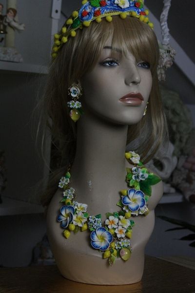 SOLD! 345 Spring 2016 Lemon Fruit Massive Blue Flower Set Necklace Plus Earrings