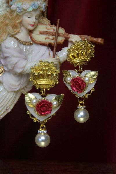 SOLD! 2766 Baroque New Collection White Heart Rose Crown Elegant Earrings