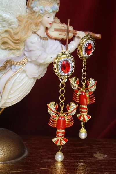 SOLD! 2767 Baroque Trendy Crystal Red Lobster Crystal Studs Earrings