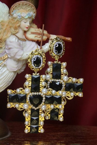 SOLD! 2768 Alta Moda Baroque Massive Cross Black Crystal Pearl Earrings
