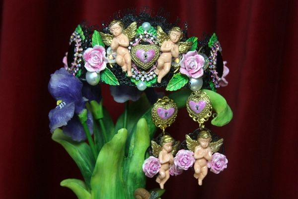 SOLD! 2770 Set Of Baroque Hand Painted Cherubs Roses Heart Lace Glitter Headband Tiara+ Earrings