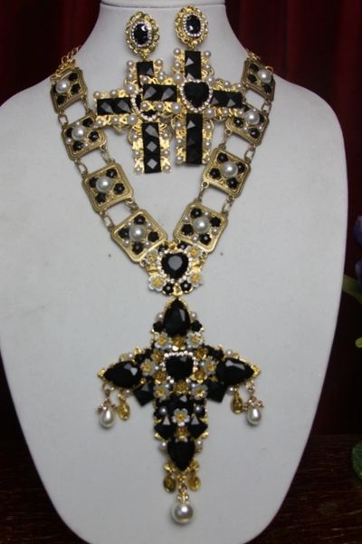 SOLD! 2777 Total Baroque Massive HUGE Royal Cross Pearl Black Crystal Necklace