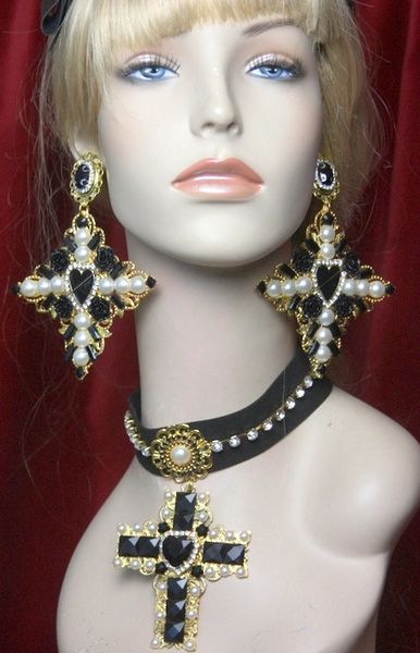 SOLD! 2784 Alta Moda Huge Black Heart Cross BAroque Earrings