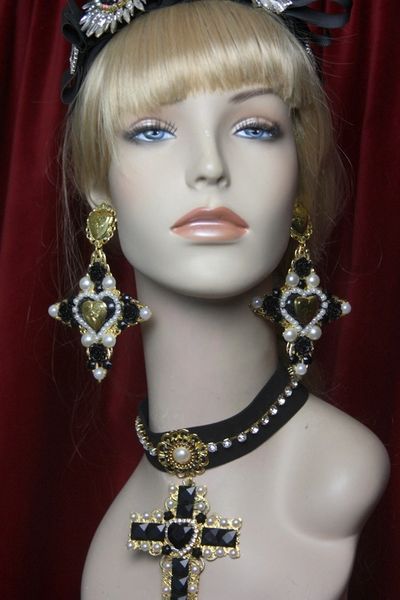 SOLD! 2785 Alta Moda Huge Black Heart Cross BAroque Earrings