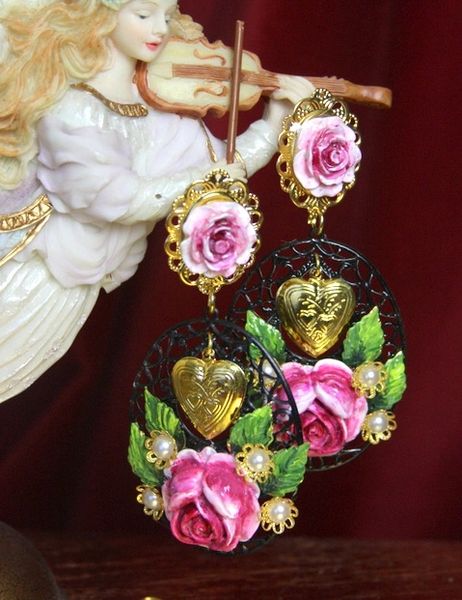 SOLD! 2793 Total Baroque Gold Heart Hand Painted Rose Pearl Earrings