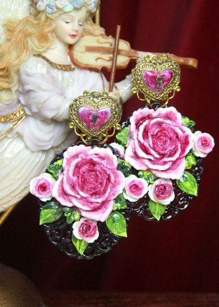 SOLD! 2795 Total Baroque Hand Painted Massive Roses Heart Studs Earrings