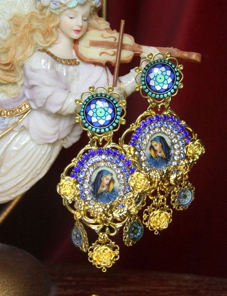 SOLD! 2796 Virgin Mary Massive Blue Crystal Cameo Roses Studs Earrings