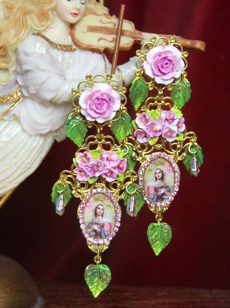 SOLD! 2798 Virgin Mary Hand Painted Flower Dangle LEaf Stunning Earrings