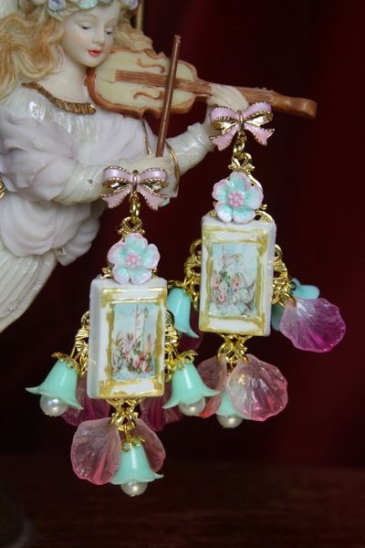 SOLD! 2800 Candy Victorian Cherubs Paint Bow Dangle Flower Earrings