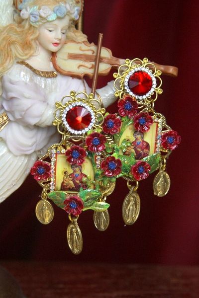 SOLD! 2802 Virgin Mary Hand Painted Flowers Coin Crystal Studs