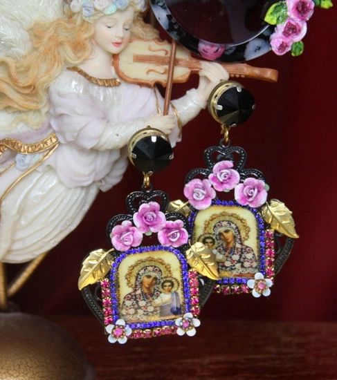 SOLD! 2807 Virgin Mary Icon Hand Painted Flower Black Filigree Earrings