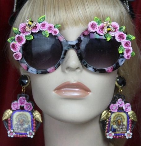 SOLD! 2808 Baroque Flower Print Hand Painted Roses Bee Sunnies