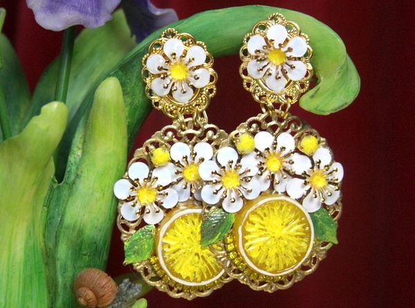 SOLD! 2817 Silian Lemon Hand Painted Flowers Gold filigree Earrings