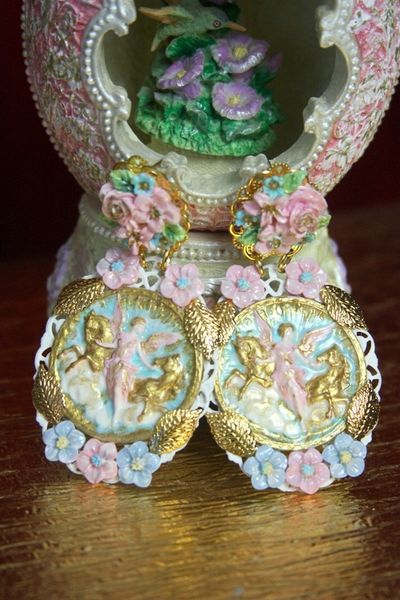 SOLD! 2820 Hand Painted Victoran Goddess Horses Flower Studs Earrings