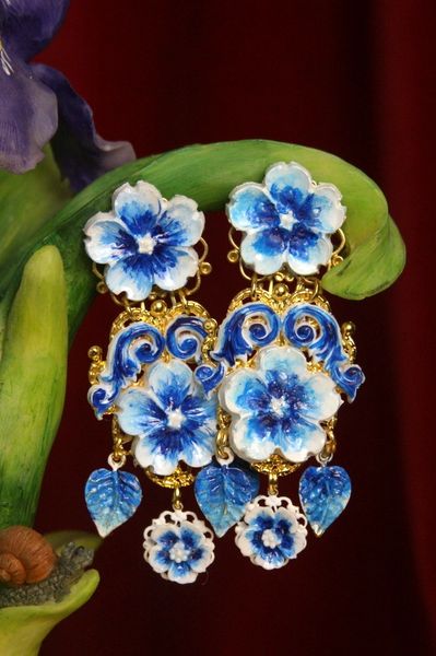 SOLD! 2829 Sicilian Hand Painted Blue Flower Curves Earrings
