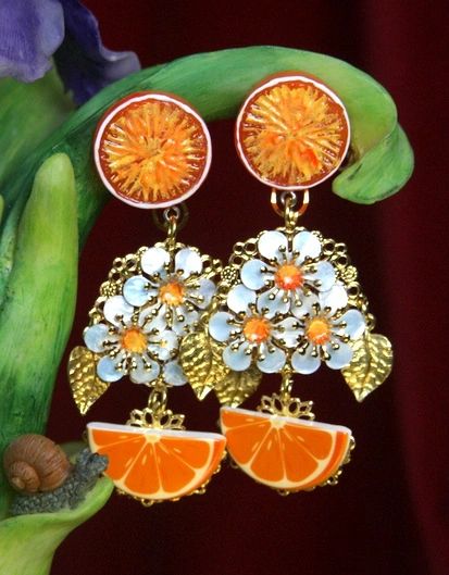 SOLD! 2830 Sicilian Orange Fruit Hand Painted Flower Leaf Earrings Studs