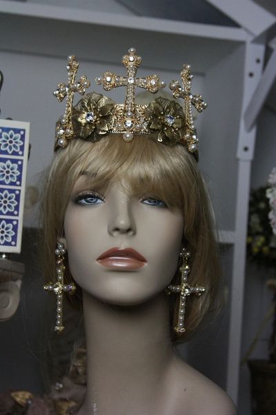 SOLD! 342 Baroque SET Earrings+Designer Inspired Pearl Cross Head Piece Crown