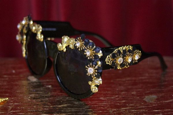 SOLD! 2834 Baroque Hand Painted Black Flower Elegant Sided Sunnies