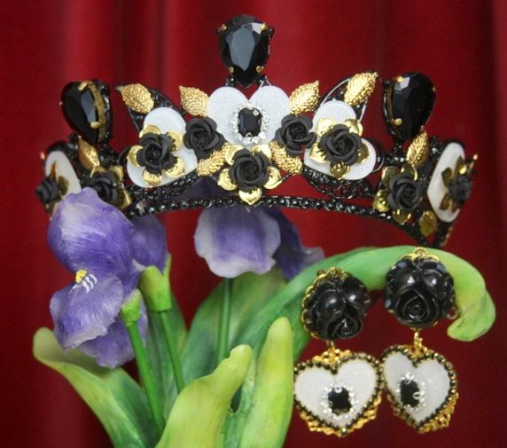 SOLD! 2839 Set Of Baroque Heart Black Rose Crystal Black Crown+ Earrings