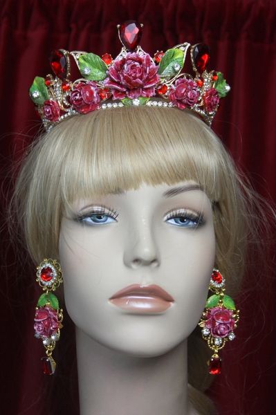 SOLD! 2840 Set OF Baroque Hand Painted Roses Leaf Red Crystal Crown+ Earrings