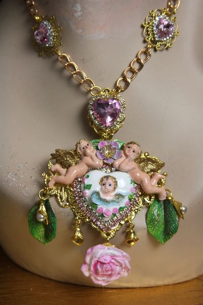 SOLD! 02844 Total Baroque Hand Painted Cherubs Angels White Heart NEcklace
