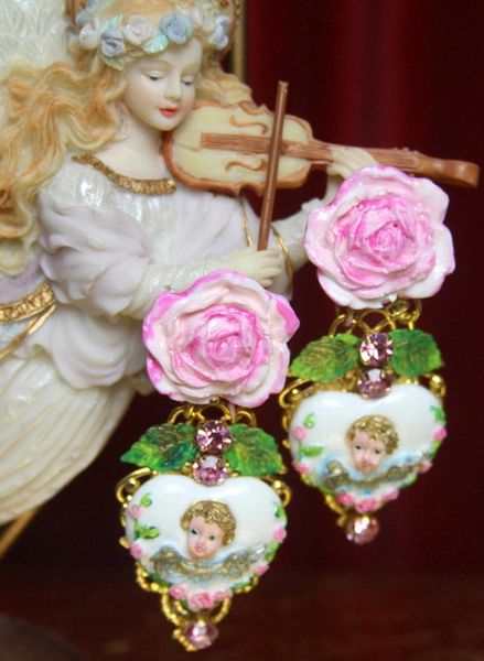 SOLD! 3483 Total Baroque Faced Hand Painted Rose Cherubs Angel Studs Earrings