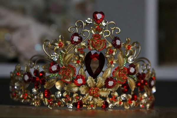 SOLD!344 Baroque Designer Inspired Red Crystal Hearts Metal Head Piece Crown