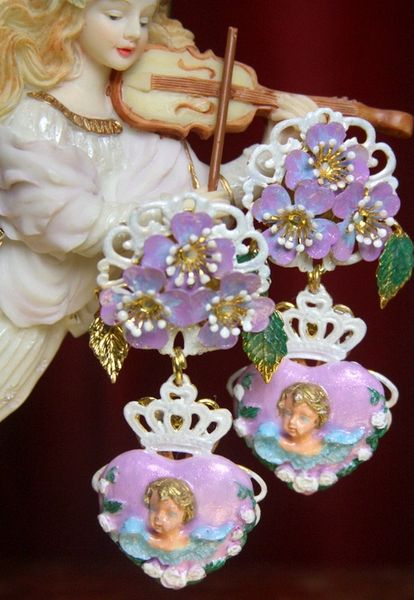 SOLD! 2853 Lavender Hand Painted Crown Flower Heart Earrings Studs