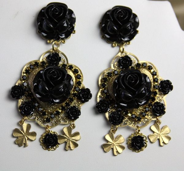 SOLD! Baroque Black Rose Virgin Mary Coin Rose Stunning Massive Studs Earrings