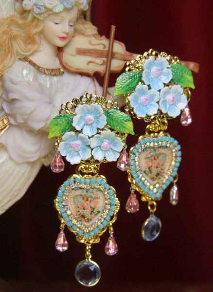 SOLD! 2857 Victorian Cherub Putti Hand Painted Aqua Flower Studs Earrings