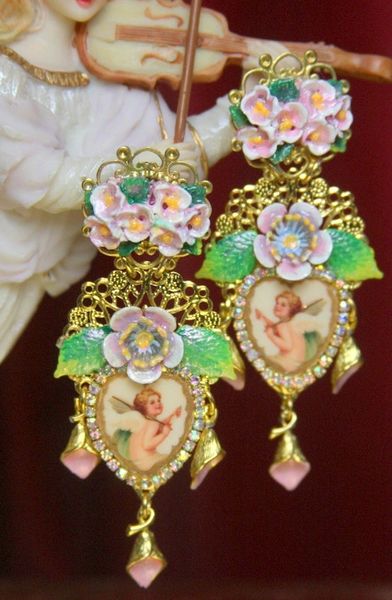 SOLD! 2856 Victorian Hand Painted Cherub Putti Heart Flower Earrings