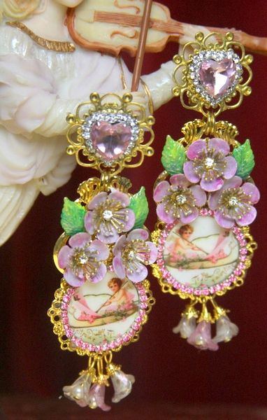 SOLD! 2858 Victorian Adorable Valentine Hand Painted Flower Earrings