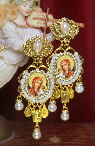 SOLD! 2859 Virgin Mary Massive Pearl Crown Studa Earrings
