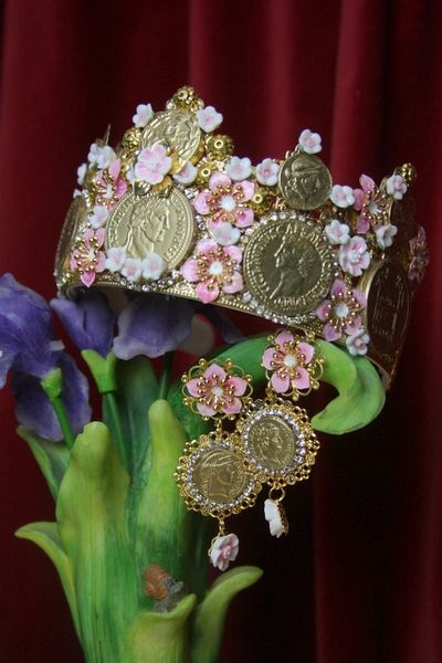 SOLD! 2864 Set Of Baroque Roman Coin Pink White Flower Crown+ Earrings