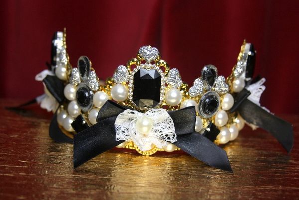 SOLD! 2871 Baroque Black Crystal Bow Pearl Headband