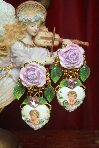 SOLD! 2873 Victorian White Heart Rose Hand Painted Earrings