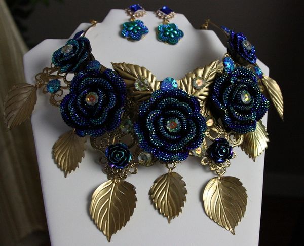 SOLD! 349 Set Chunky cobalt Blue Rose statement Necklace + Earrings