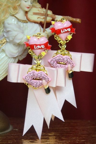SOLD! 2881 Designer Inspired Crystal Lips Pink Bow Earrings
