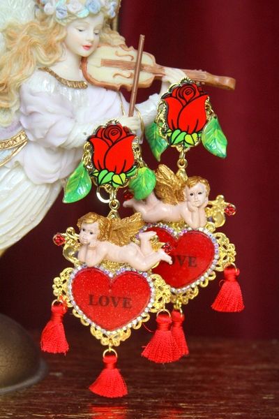 SOLD! 2882 Massive Baroque Red Heart Rose Hand Painted Earrings