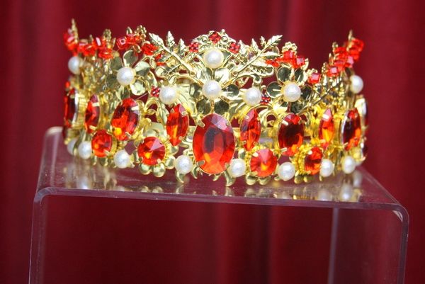 2883 Total BAroque Runway Red Crystal Pearl Crown Tiara